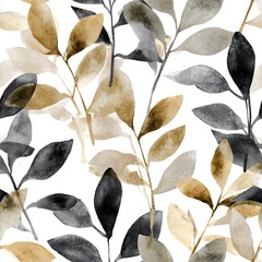 Naklejka premium Watercolor seamless pattern with black and golden leaves. Botanical design for textile, wallpaper, and fabric print. Autumn foliage background.