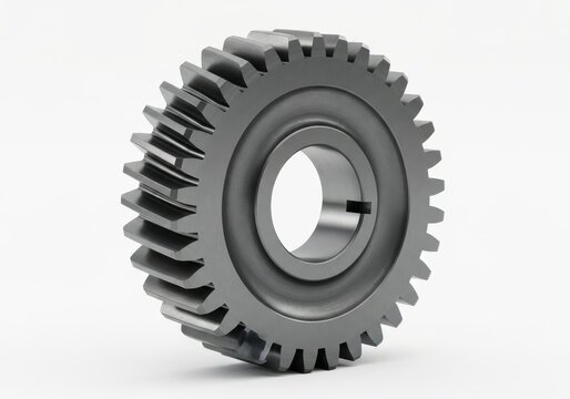 Metallic helical gear component rests against a clean white background in a close up  shot