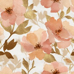 Naklejka premium Watercolor seamless pattern with pink flowers and golden leaves. Botanical floral design for fabric, wallpaper, or textile background.