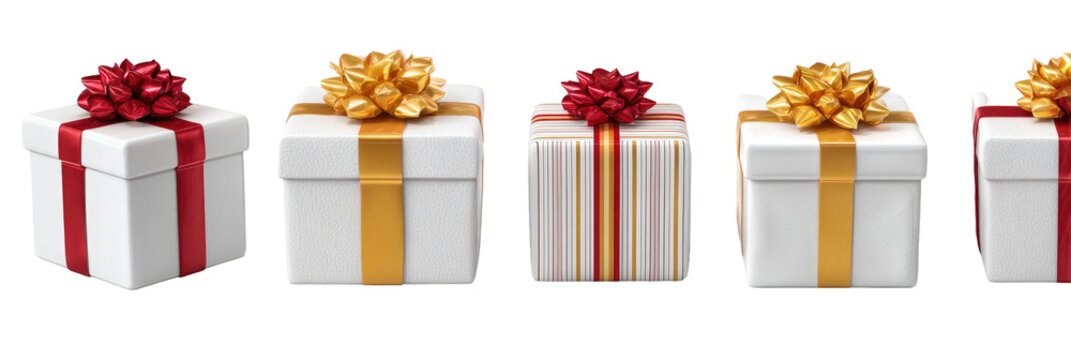 Row of white gift boxes, ribbons and bows in gold and red hues