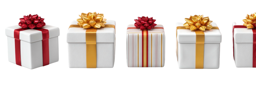 Row of white gift boxes, ribbons and bows in gold and red hues