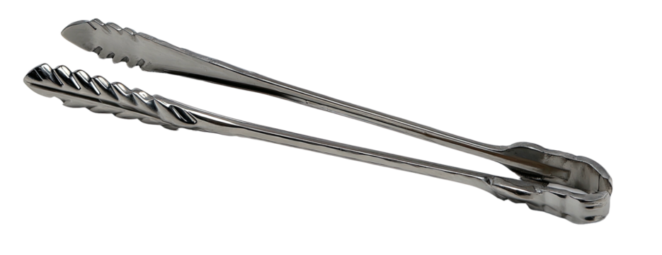 Shiny metal tongs, angled, with ridged grabbers on a black background