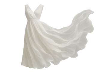 White flowing chiffon dress with elegant fabric moving in air, representing lightness, freedom, and bridal fashion concept