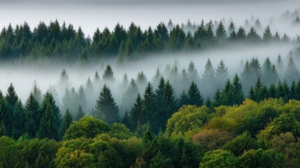 Forest in the Fog - Scenic View of Evergreen Trees