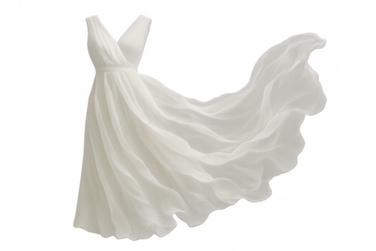 White flowing chiffon dress with elegant fabric moving in air, representing lightness, freedom, and bridal fashion concept