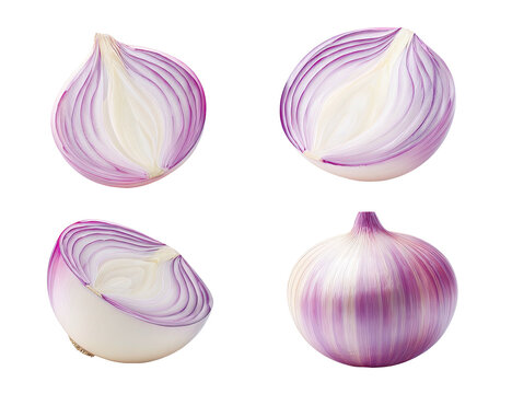 Four red onions, whole and sliced, against a stark black backdrop