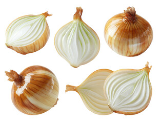 Obraz premium Five golden onions, some halved, revealing layers. Simple food art