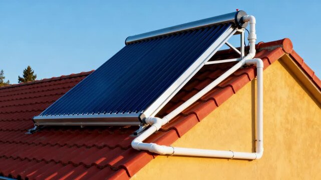 Medium shot showcasing a domestic hot water solar thermal panel mounted on a roof highlighting clean energy utilization in residential heating systems