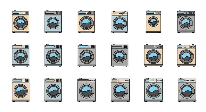 A diverse collection of flat design washing machine icons, featuring various color schemes and subtle stylistic differences for laundry appliances.
