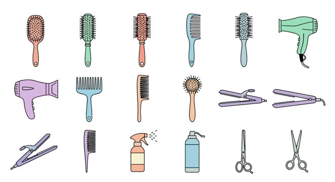A comprehensive collection of essential hair care tools and styling accessories for personal grooming.