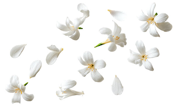 Scattered white jasmine flowers and petals on black background