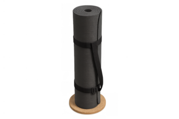 Rolled yoga or pilates mat with strap. Fitness equipment for exercise, workout, and wellness on transparent background