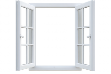 A bright and airy view through an open white window frame. a clear sky outside. with sunlight streaming in. ideal for home decor or architectural concepts