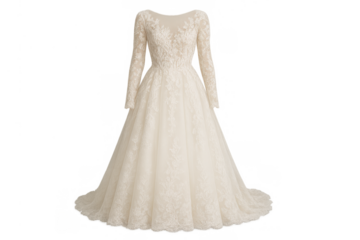 Elegant a-line lace wedding dress with long sleeves for bridal fashion, ideal for rustic or vintage ceremonies, transparent background