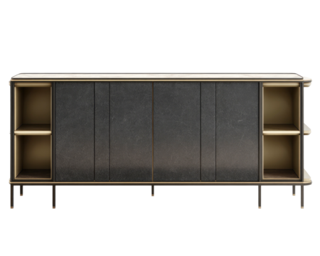 Modern buffet with cabinets, metallic trim and shelf nooks