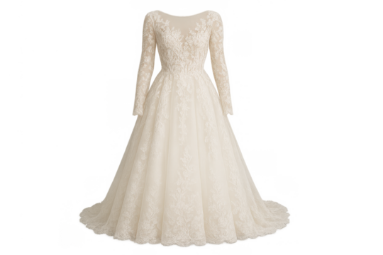 Elegant a-line lace wedding dress with long sleeves for bridal fashion, ideal for rustic or vintage ceremonies, transparent background