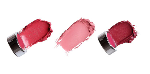 Three shades of lip color spread on a clean white surface. the texture and richness of each hue. ideal for beauty product advertising or cosmetic tutorials