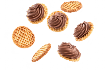 A delightful assortment of floating waffle cookies topped with rich chocolate cream. an enticing dessert arrangement against a clean white background. perfect for culinary promotions