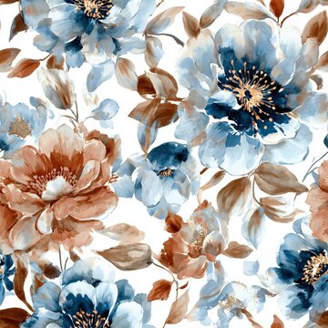 Seamless pattern with hand painted watercolor blue and copper flower and leaf. Elegant floral design for surface decoration. Decorative botanical artwork.
