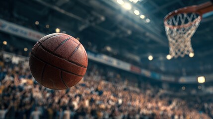 Basketball in flight with net and audience in stadium