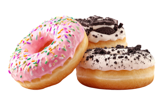 Three delicious donuts pink frosted sprinkle, cookies, cream filled