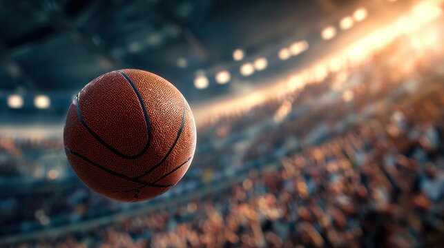 Basketball in mid air with stadium background and blurred audience