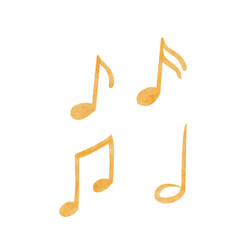 Golden watercolor music notes arranged as separate hand-painted elements isolated on white. Artistic look suitable for festive designs, crafts, stationery, cards, packaging and decorative projects © Ekaterina
