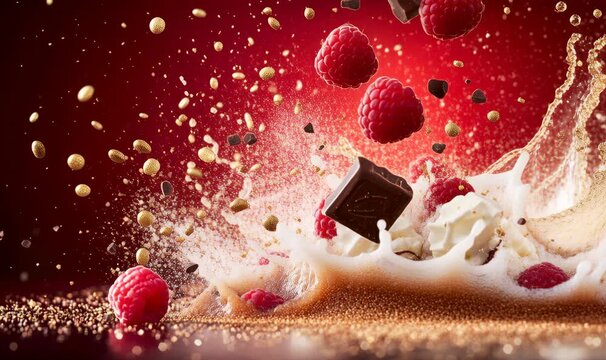 Dynamic mix of falling raspberries, chocolate chunks, and sprinkles impacting a milk splash against a rich red background