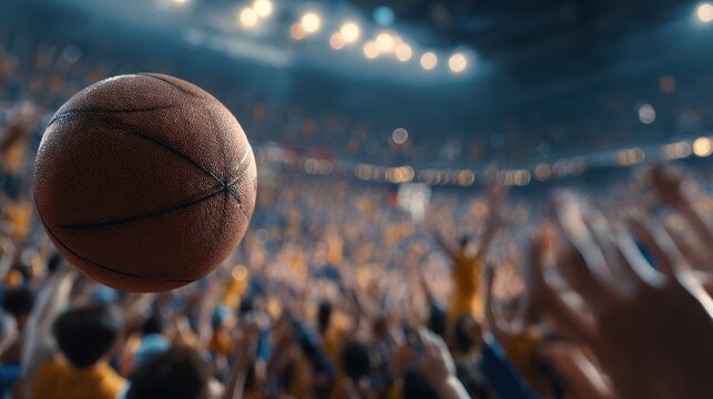 Basketball in motion against a blurred crowd background sports concept