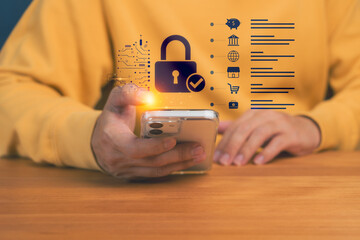 Mobile cybersecurity concept, smartphone with digital lock icon, illustrating secure access, data protection, online privacy, authentication, and safe digital transactions in modern mobile technology.