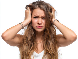 Naklejka premium A girl with long hair is clutching her hair with both hands, wearing a white shirt, and her face shows a very troubled expression