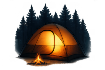 Camping tent glowing at night with campfire in a forest, illustrating outdoor adventure and peaceful wilderness travel