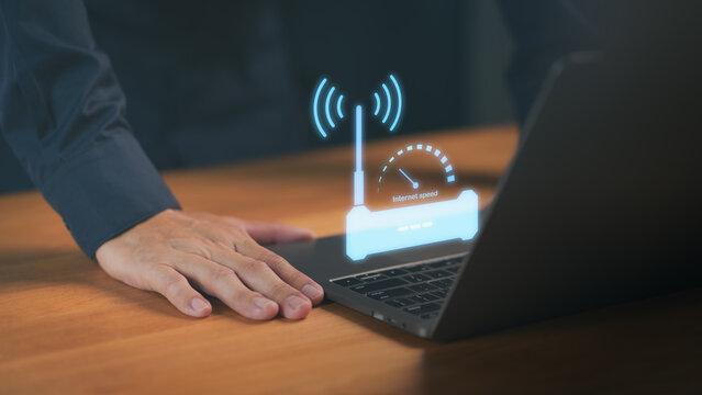 Digital Wi-Fi signal and internet speed concept showing a router icon above a laptop, illustrating connectivity, network performance, wireless communication, and modern high-speed online technology. - Powered by Adobe