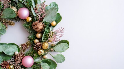 Christmas Wreath Decoration Background with Pink Gold Green Color Scheme, Pine Branches, Baubles and Pinecones for Festival Greeting Cards, Home Decor and Marketing Material Design