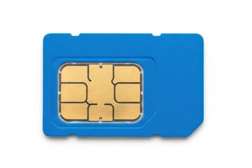 Bright blue integrated circuit card component rests against a clean white background