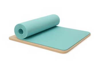 Aqua yoga mat unrolling on a wooden board, promoting exercise, fitness, wellness, and healthy lifestyle on transparent background
