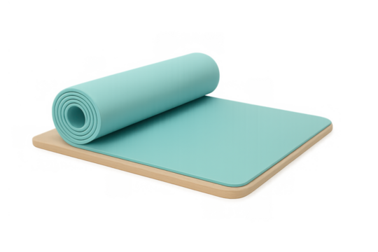 Aqua yoga mat unrolling on a wooden board, promoting exercise, fitness, wellness, and healthy lifestyle on transparent background