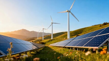 Medium shot of wind turbines and solar panels operating in harmony highlighting the seamless integration of renewable energy sources in a sustainable landscape. - Powered by Adobe