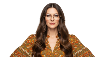 Portrait of a woman with glasses and a patterned shirt on a black background transparent background 