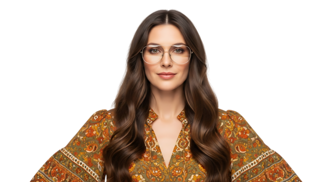 Portrait of a woman with glasses and a patterned shirt on a black background transparent background - Powered by Adobe