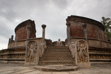 The historical Vatadage religious site in Polonnaruwa, Sri Lanka.