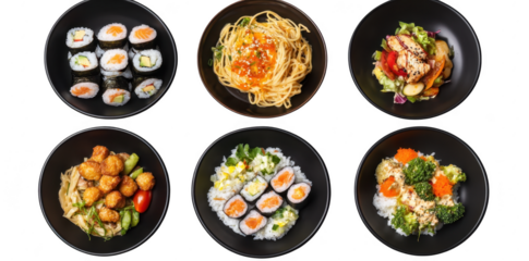 A assortment of culinary dishes featuring sushi rolls. pasta with seafood. a fresh salad with grilled chicken. and various colorful sides. beautifully arranged on black plates against a white backgrou