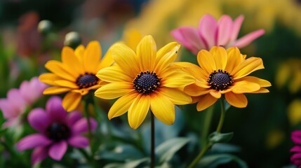 Fototapeta premium Vibrant Yellow and Purple Flowers in Garden Bloom