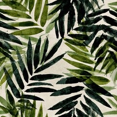 Naklejka premium Watercolor bamboo leaf seamless pattern with various shades of green. Tropical foliage artwork for wallpaper, fabric, and textile design.