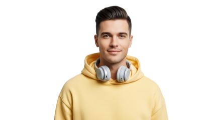 Portrait of a man wearing a yellow hoodie and headphones around his neck transparent background 