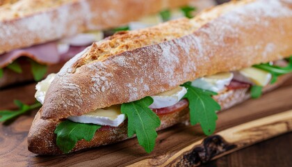 Delicious baguette sandwich filled with brie, ham, and fresh arugula on a wooden board