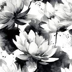 Fototapeta premium Watercolor lotus seamless pattern in monochrome. Abstract floral backdrop. Asian blossom zen inspiration.