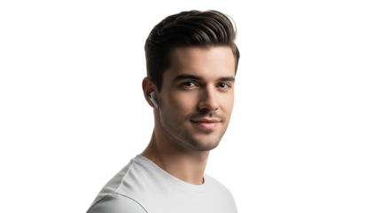 Portrait of a man with dark hair wearing white wireless earbuds smiling transparent background 