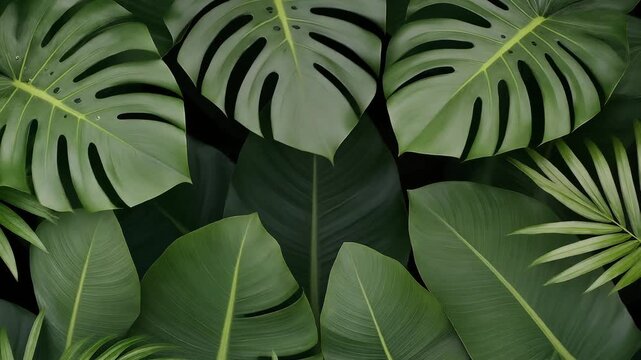 Lush tropical leaves sweeping across the frame. Dynamic transition element for nature, travel, or exotic themes.