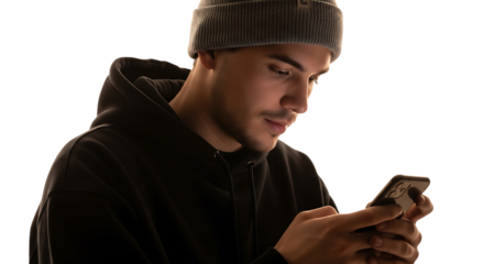 A young man in a beanie and hoodie looking at his phone in a dim setting transparent background